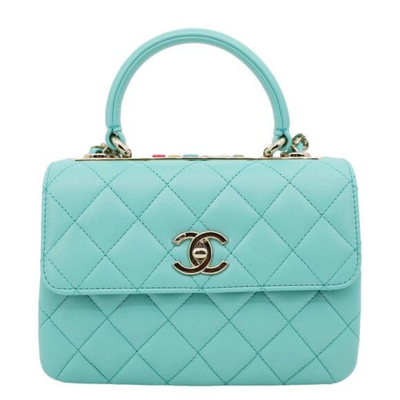 Chanel  Trendy CC Flap Mini Quilted Lambskin Top Handle Shoulder Bag Turquoise - Picture 3 of 12